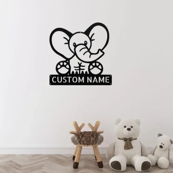 Custom Elephant Metal Sign Personalized Name Safari Nursery Wall Art Decor Gift Custom elephant metal sign in 16 gauge steel with personalized name for safari nursery wall decor, kids room, playroom, animal lover and gift art.
