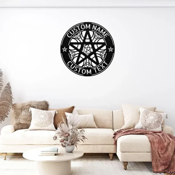 Custom Pentacle Metal Sign Personalized Name Wiccan Pagan Wall Art Decor Gift Custom pentacle metal sign in 16 gauge steel with personalized name for Wiccan Pagan wall decor, altar, garden, spiritual space and gift art.