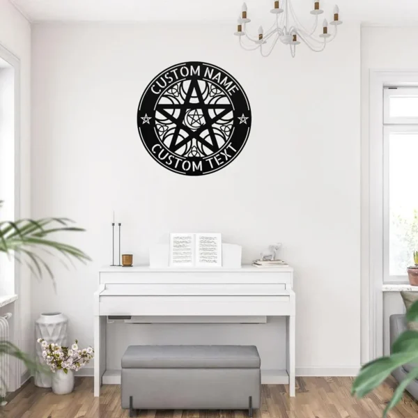Custom Pentacle Metal Sign Personalized Name Wiccan Pagan Wall Art Decor Gift Custom pentacle metal sign in 16 gauge steel with personalized name for Wiccan Pagan wall decor, altar, garden, spiritual space and gift art.