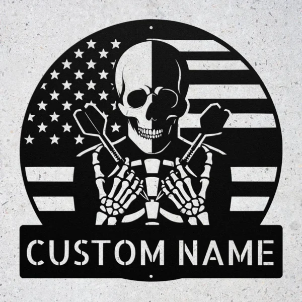 Personalized Skull Darts Metal Sign Custom Dartboard Player Game Room Bar Tavern Personalized skull darts metal sign in 16 gauge steel with custom player name for dartboard wall decor, game room, home bar, tavern, garage and gift.