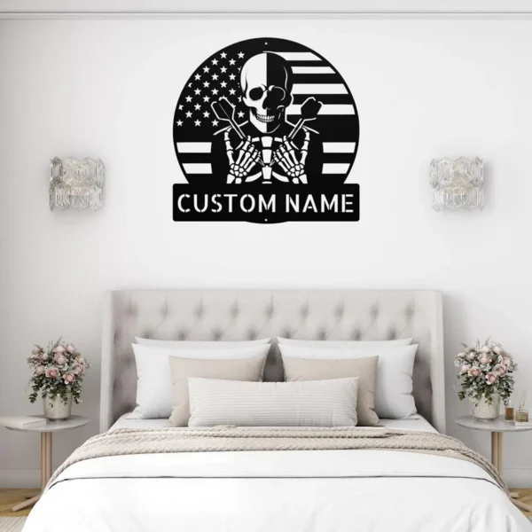 Personalized Skull Darts Metal Sign Custom Dartboard Player Game Room Bar Tavern Personalized skull darts metal sign in 16 gauge steel with custom player name for dartboard wall decor, game room, home bar, tavern, garage and gift.