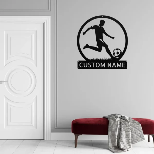 Custom soccer metal sign in 16 gauge steel with personalized player name for football wall decor, soccer bedroom, team room, gym and sports gift.