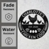 Custom Chicken Coop Metal Sign Personalized Farm Name Hen House Wall Art Gift Custom chicken coop metal sign in 16 gauge steel with personalized farm name for hen house wall decor, barn, garden, farmhouse, poultry and gift art.