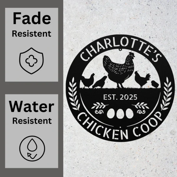 Custom Chicken Coop Metal Sign Personalized Farm Name Hen House Wall Art Gift Custom chicken coop metal sign in 16 gauge steel with personalized farm name for hen house wall decor, barn, garden, farmhouse, poultry and gift art.