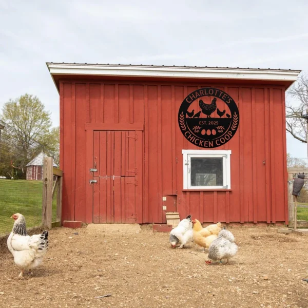 Custom Chicken Coop Metal Sign Personalized Farm Name Hen House Wall Art Gift Custom chicken coop metal sign in 16 gauge steel with personalized farm name for hen house wall decor, barn, garden, farmhouse, poultry and gift art.