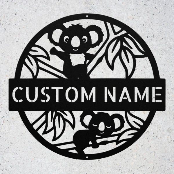 Custom Koala Metal Sign Personalized Name Safari Nursery Wall Art Decor Gift Custom koala metal sign in 16 gauge steel with personalized name for safari nursery wall decor, kids room, playroom, wildlife and gift art.