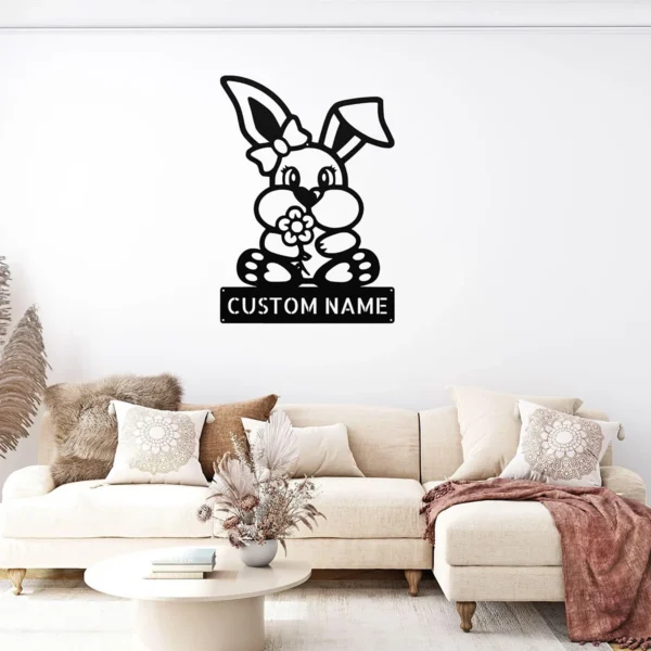Custom Bunny Metal Sign Personalized Name Easter Nursery Wall Art Decor Gift Custom bunny metal sign in 16 gauge steel with personalized name for Easter nursery wall decor, kids room, garden, farmhouse and bunny lover gift.