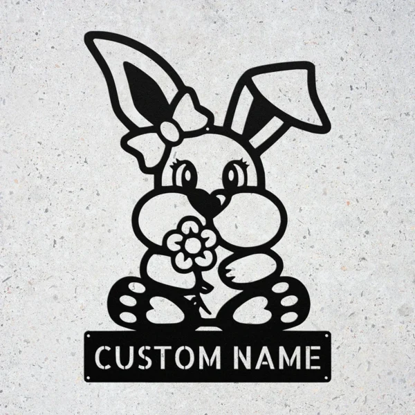 Custom Bunny Metal Sign Personalized Name Easter Nursery Wall Art Decor Gift Custom bunny metal sign in 16 gauge steel with personalized name for Easter nursery wall decor, kids room, garden, farmhouse and bunny lover gift.
