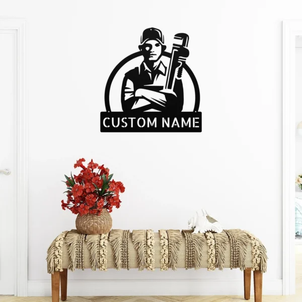 Custom Plumber Metal Sign Personalized Name Plumbing Professional Office Art Gift Custom plumber metal sign in 16 gauge steel with personalized name for plumbing office wall decor, workshop, garage, business and professional gift.