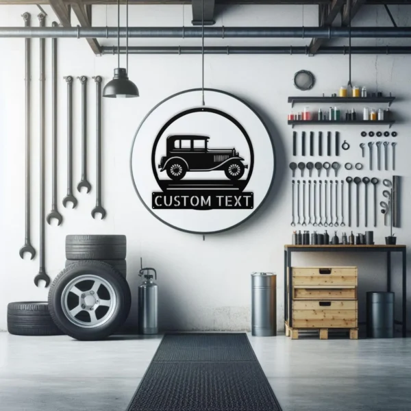 Custom Classic Car Metal Sign Personalized Garage Name Auto Wall Art Gift Custom classic car metal sign in 16 gauge steel with personalized garage name for vintage auto wall decor, garage, workshop, man cave and car gift.