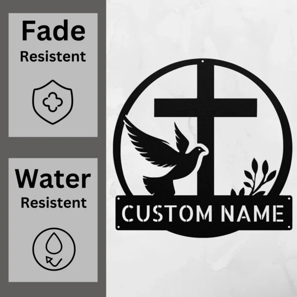 Custom Dove And Cross Metal Sign Personalized Name Religious Wall Art Decor Gift Custom dove and cross metal sign in 16 gauge steel with personalized name for Christian wall decor, home, church, prayer room, garden and gift art.