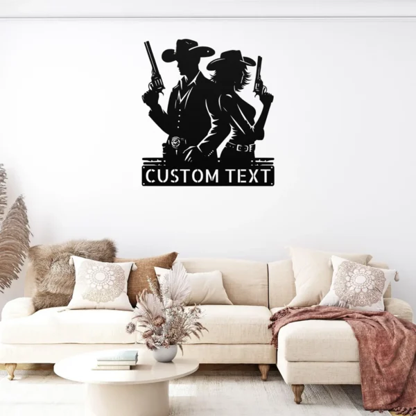 Custom cowboy cowgirl metal sign in 16 gauge steel with personalized names for western couple wall decor, ranch, barn, farmhouse and gift art.
