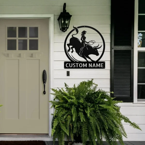 Custom Woman Bull Rider Metal Sign Personalized Cowgirl Rodeo Wall Art Gift Custom woman bull rider metal sign in 16 gauge steel with personalized cowgirl name for rodeo wall decor, ranch, barn, garage, bedroom and gift art.