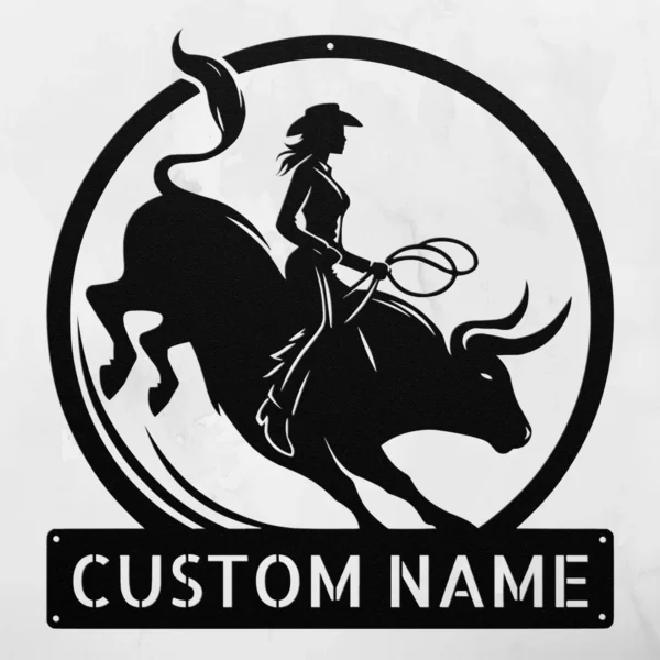 Custom Woman Bull Rider Metal Sign Personalized Cowgirl Rodeo Wall Art Gift Custom woman bull rider metal sign in 16 gauge steel with personalized cowgirl name for rodeo wall decor, ranch, barn, garage, bedroom and gift art.