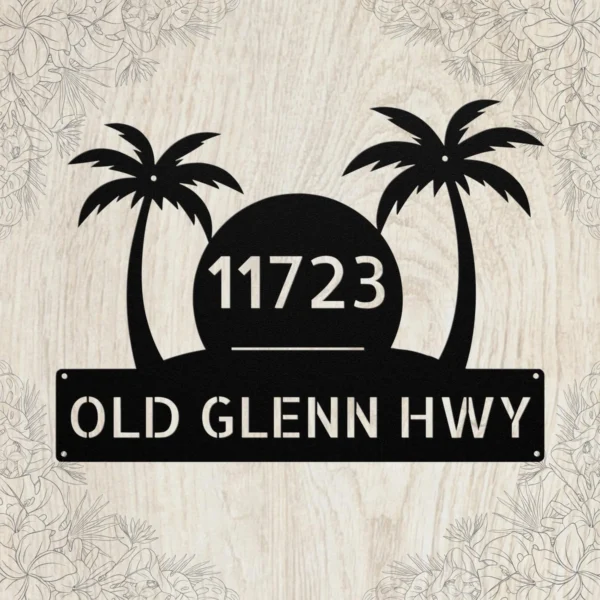 Custom Palm Tree Address Sign Personalized House Number Metal Beach Decor Gift Custom palm tree address sign in 16 gauge steel with personalized house number for tropical home decor, front yard, porch, gate, patio and gift.