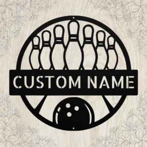 Custom bowling metal sign in 16 gauge steel with personalized name for bowling alley wall decor, game room, garage, bowling team and gift art.