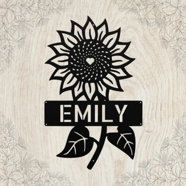 Custom sunflower metal sign in 16 gauge steel with personalized name for flower garden wall decor, farmhouse, patio, porch, and garden gift art.