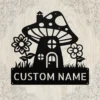 Custom mushroom house metal sign in 16 gauge steel with personalized name for garden wall decor, fairy garden, patio, porch, cabin and gift art.