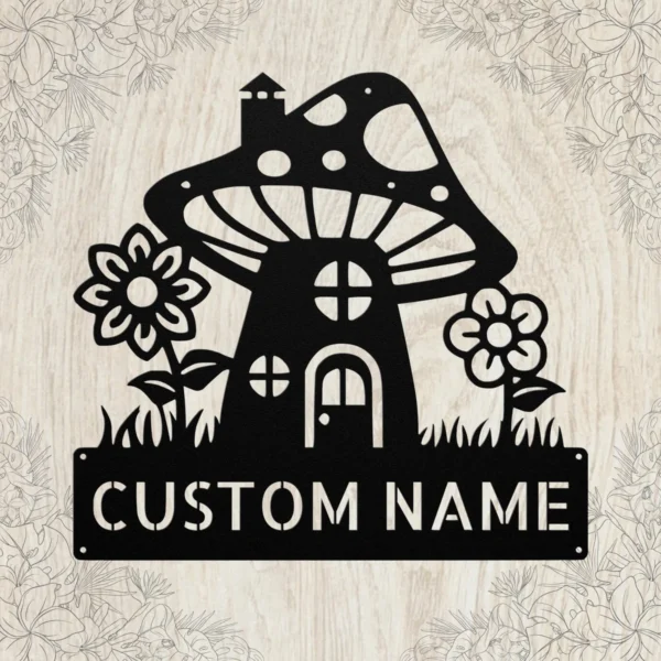 Custom Mushroom House Metal Sign Personalized Name Garden Wall Art Decor Gift Custom mushroom house metal sign in 16 gauge steel with personalized name for garden wall decor, fairy garden, patio, porch, cabin and gift art.