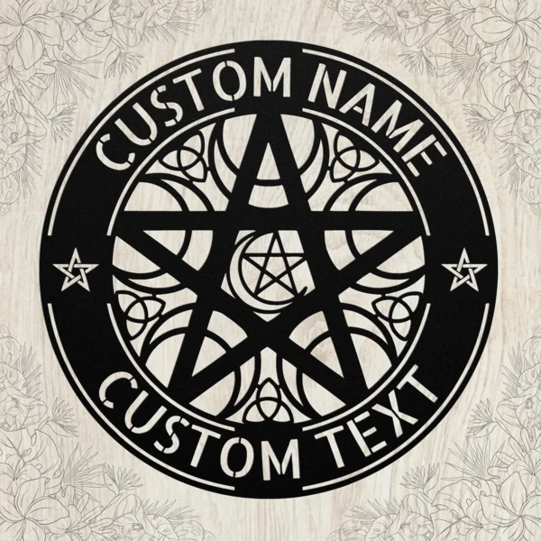 Custom Pentacle Metal Sign Personalized Name Wiccan Pagan Wall Art Decor Gift Custom pentacle metal sign in 16 gauge steel with personalized name for Wiccan Pagan wall decor, altar, garden, spiritual space and gift art.