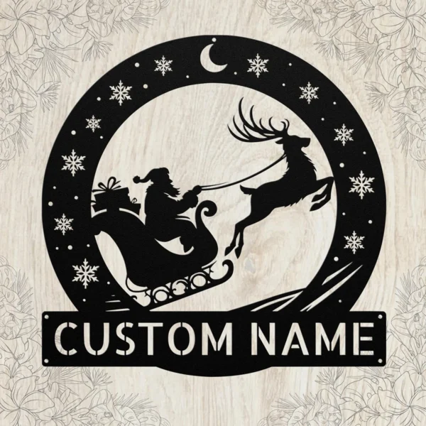Custom Santa Sleigh Metal Sign Personalized Family Name Christmas Wall Decor Custom Santa sleigh metal sign in 16 gauge steel with personalized family name for Christmas wall decor, front porch, fireplace, home and holiday gift.