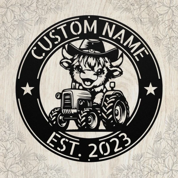 Custom cow tractor metal sign in 16 gauge steel with personalized farm name for farmhouse wall decor, barn, ranch, garage and country gift art.