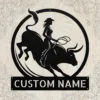 Custom Woman Bull Rider Metal Sign Personalized Cowgirl Rodeo Wall Art Gift Custom woman bull rider metal sign in 16 gauge steel with personalized cowgirl name for rodeo wall decor, ranch, barn, garage, bedroom and gift art.
