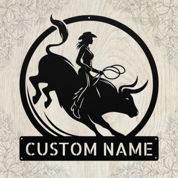 Custom Woman Bull Rider Metal Sign Personalized Cowgirl Rodeo Wall Art Gift Custom woman bull rider metal sign in 16 gauge steel with personalized cowgirl name for rodeo wall decor, ranch, barn, garage, bedroom and gift art.
