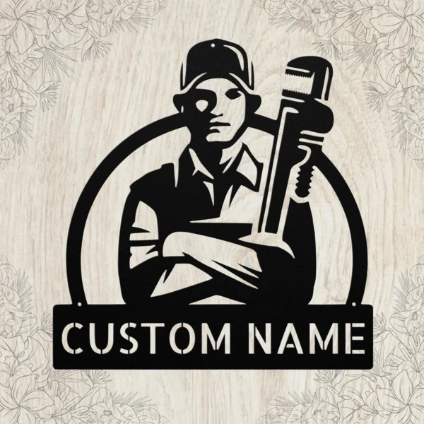 Custom plumber metal sign in 16 gauge steel with personalized name for plumbing office wall decor, workshop, garage, business and professional gift.