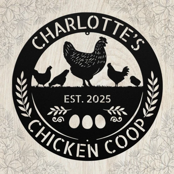 Custom chicken coop metal sign in 16 gauge steel with personalized farm name for hen house wall decor, barn, garden, farmhouse, poultry and gift art.