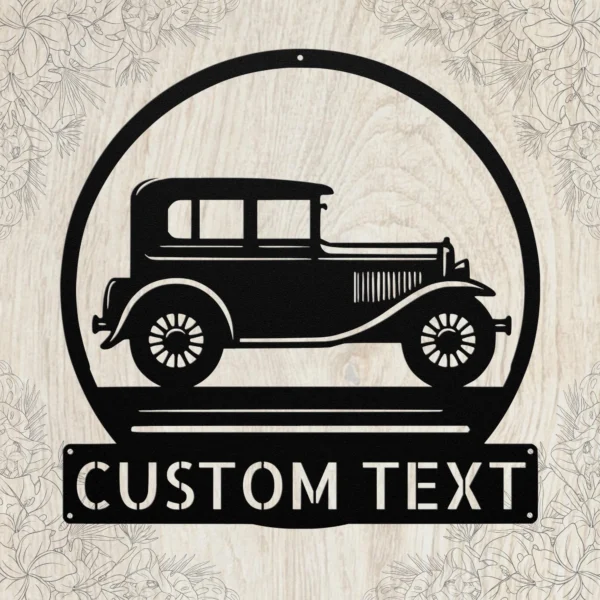 Custom classic car metal sign in 16 gauge steel with personalized garage name for vintage auto wall decor, garage, workshop, man cave and car gift.