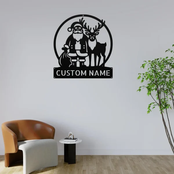 Custom Santa Reindeer Metal Sign Personalized Family Name Christmas Wall Decor Custom Santa reindeer metal sign in 16 gauge steel with personalized family name for Christmas wall decor, front porch, fireplace, garden and holiday gift.
