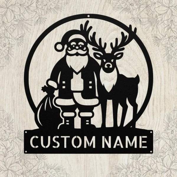 Custom Santa Reindeer Metal Sign Personalized Family Name Christmas Wall Decor Custom Santa reindeer metal sign in 16 gauge steel with personalized family name for Christmas wall decor, front porch, fireplace, garden and holiday gift.
