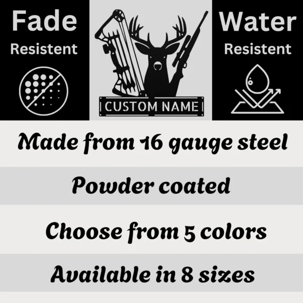 Custom deer hunting metal sign in 16 gauge steel with personalized name for buck hunter cabin wall decor, lodge, garage, man cave and hunting gift.