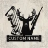 Custom deer hunting metal sign in 16 gauge steel with personalized name for buck hunter cabin wall decor, lodge, garage, man cave and hunting gift.