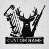 Custom deer hunting metal sign in 16 gauge steel with personalized name for buck hunter cabin wall decor, lodge, garage, man cave and hunting gift.