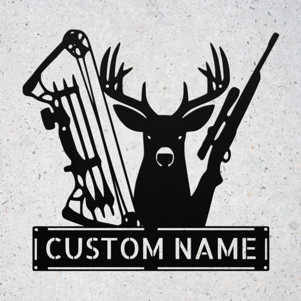 Custom deer hunting metal sign in 16 gauge steel with personalized name for buck hunter cabin wall decor, lodge, garage, man cave and hunting gift.