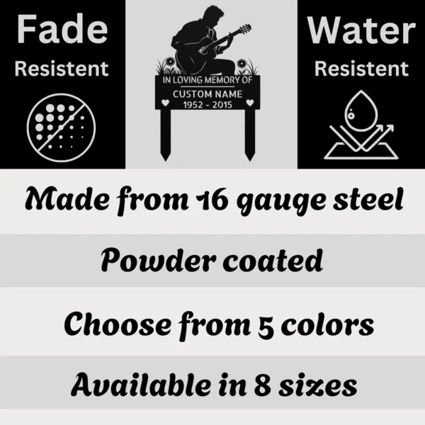 Custom Guitar Player Memorial Metal Sign Personalized Musician Tribute Gift Custom guitar player memorial metal sign in 16 gauge steel with personalized musician name for tribute wall decor, remembrance, music room and memorial gift.