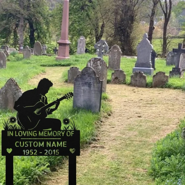 Custom Guitar Player Memorial Metal Sign Personalized Musician Tribute Gift Custom guitar player memorial metal sign in 16 gauge steel with personalized musician name for tribute wall decor, remembrance, music room and memorial gift.