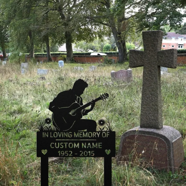 Custom Guitar Player Memorial Metal Sign Personalized Musician Tribute Gift Custom guitar player memorial metal sign in 16 gauge steel with personalized musician name for tribute wall decor, remembrance, music room and memorial gift.