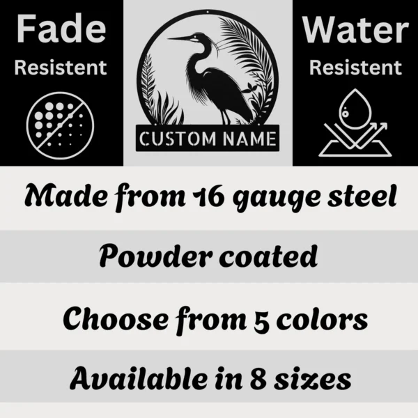 Custom Heron Metal Sign Personalized Great Blue Heron Coastal Wall Art Gift Custom Great Blue Heron metal sign in 16 gauge steel with personalized name for coastal wall decor, lake house, beach home, garden, porch and gift art.