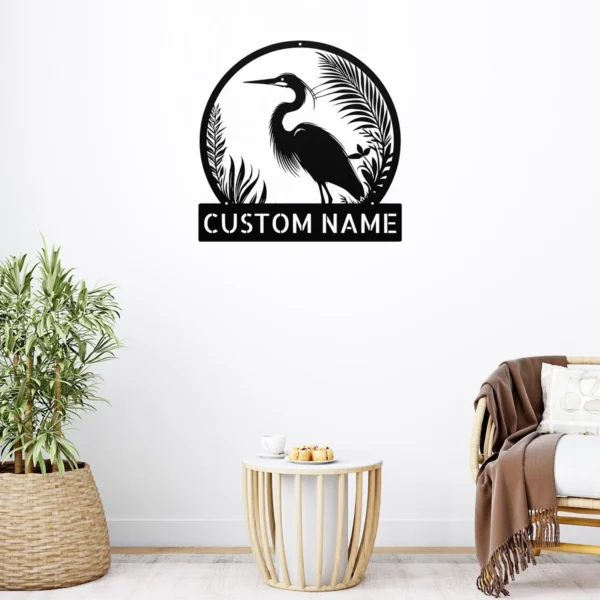 Custom Heron Metal Sign Personalized Great Blue Heron Coastal Wall Art Gift Custom Great Blue Heron metal sign in 16 gauge steel with personalized name for coastal wall decor, lake house, beach home, garden, porch and gift art.