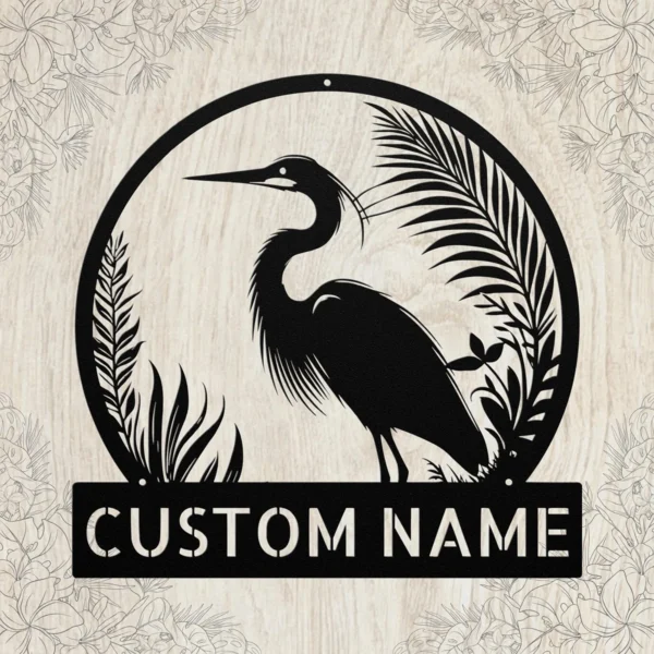 Custom Heron Metal Sign Personalized Great Blue Heron Coastal Wall Art Gift Custom Great Blue Heron metal sign in 16 gauge steel with personalized name for coastal wall decor, lake house, beach home, garden, porch and gift art.