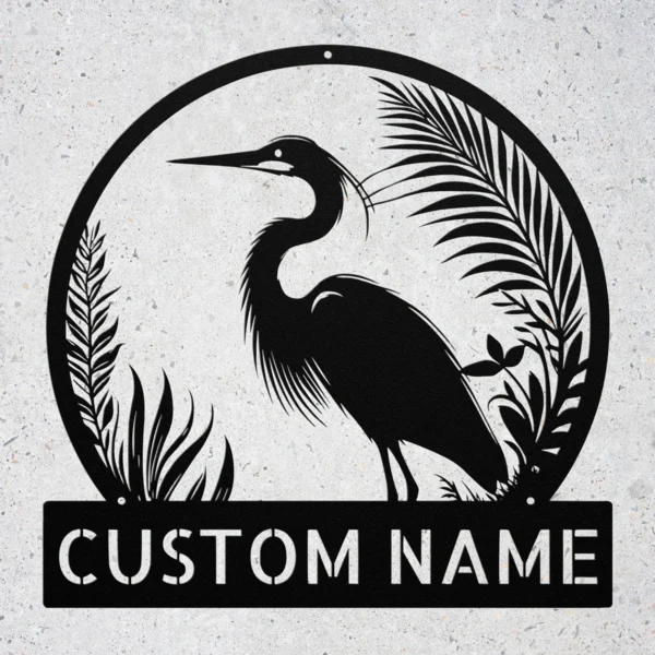 Custom Heron Metal Sign Personalized Great Blue Heron Coastal Wall Art Gift Custom Great Blue Heron metal sign in 16 gauge steel with personalized name for coastal wall decor, lake house, beach home, garden, porch and gift art.