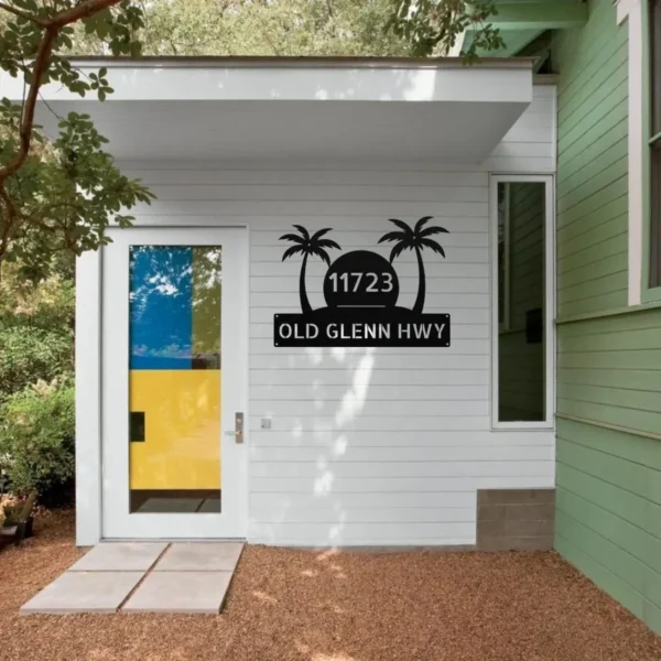 Custom Palm Tree Address Sign Personalized House Number Metal Beach Decor Gift Custom palm tree address sign in 16 gauge steel with personalized house number for tropical home decor, front yard, porch, gate, patio and gift.