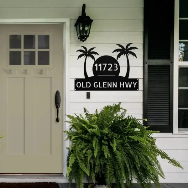 Custom Palm Tree Address Sign Personalized House Number Metal Beach Decor Gift Custom palm tree address sign in 16 gauge steel with personalized house number for tropical home decor, front yard, porch, gate, patio and gift.