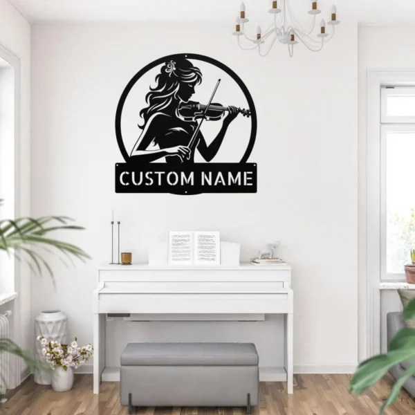 Custom Violin Player Metal Sign Personalized Name Music Studio Wall Art Gift Custom violin player metal sign in 16 gauge steel with personalized name for music studio wall decor, violinist, practice room and musician gift.