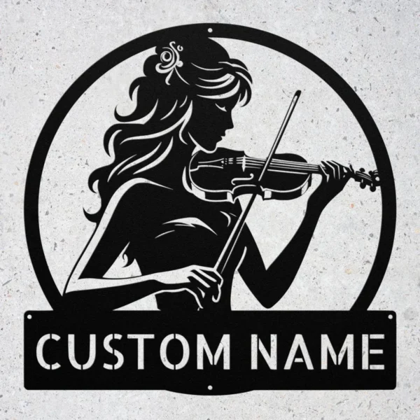 Custom Violin Player Metal Sign Personalized Name Music Studio Wall Art Gift Custom violin player metal sign in 16 gauge steel with personalized name for music studio wall decor, violinist, practice room and musician gift.