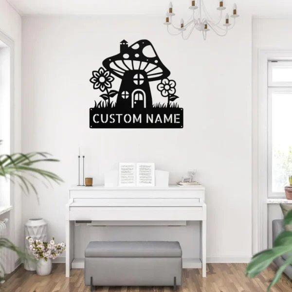 Custom mushroom house metal sign in 16 gauge steel with personalized name for garden wall decor, fairy garden, patio, porch, cabin and gift art.