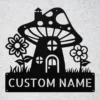 Custom mushroom house metal sign in 16 gauge steel with personalized name for garden wall decor, fairy garden, patio, porch, cabin and gift art.